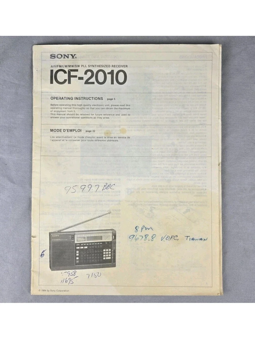 Sony ICF-2010 Radio Owners User Manual Original AM/FM/LW/MW/SW